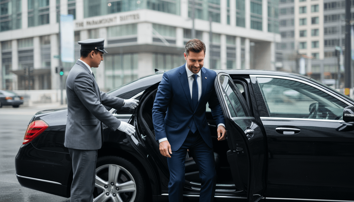 Business executive in a suit entering a luxury car held open by a chauffeur
