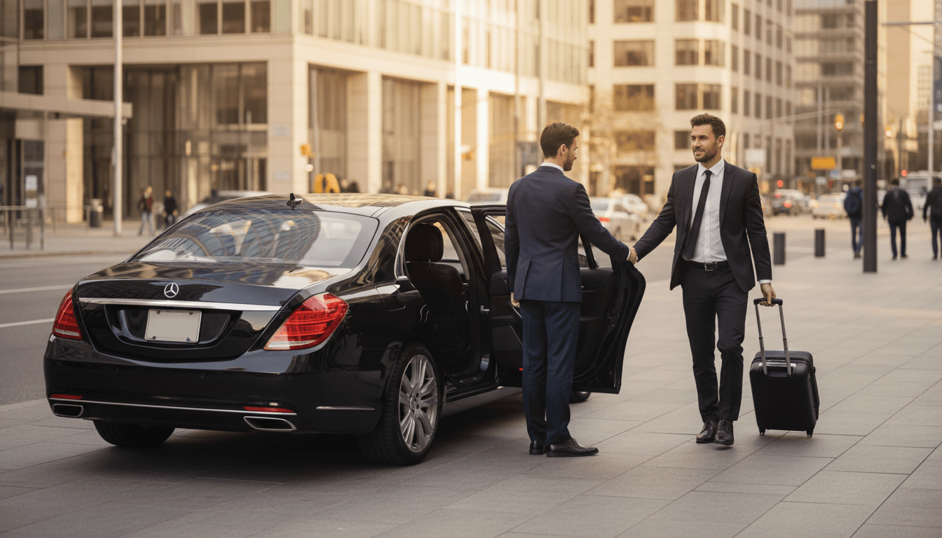 Professional driver in blazer and tie opening sedan door for arriving business client with luggage in modern urban setting during golden hour