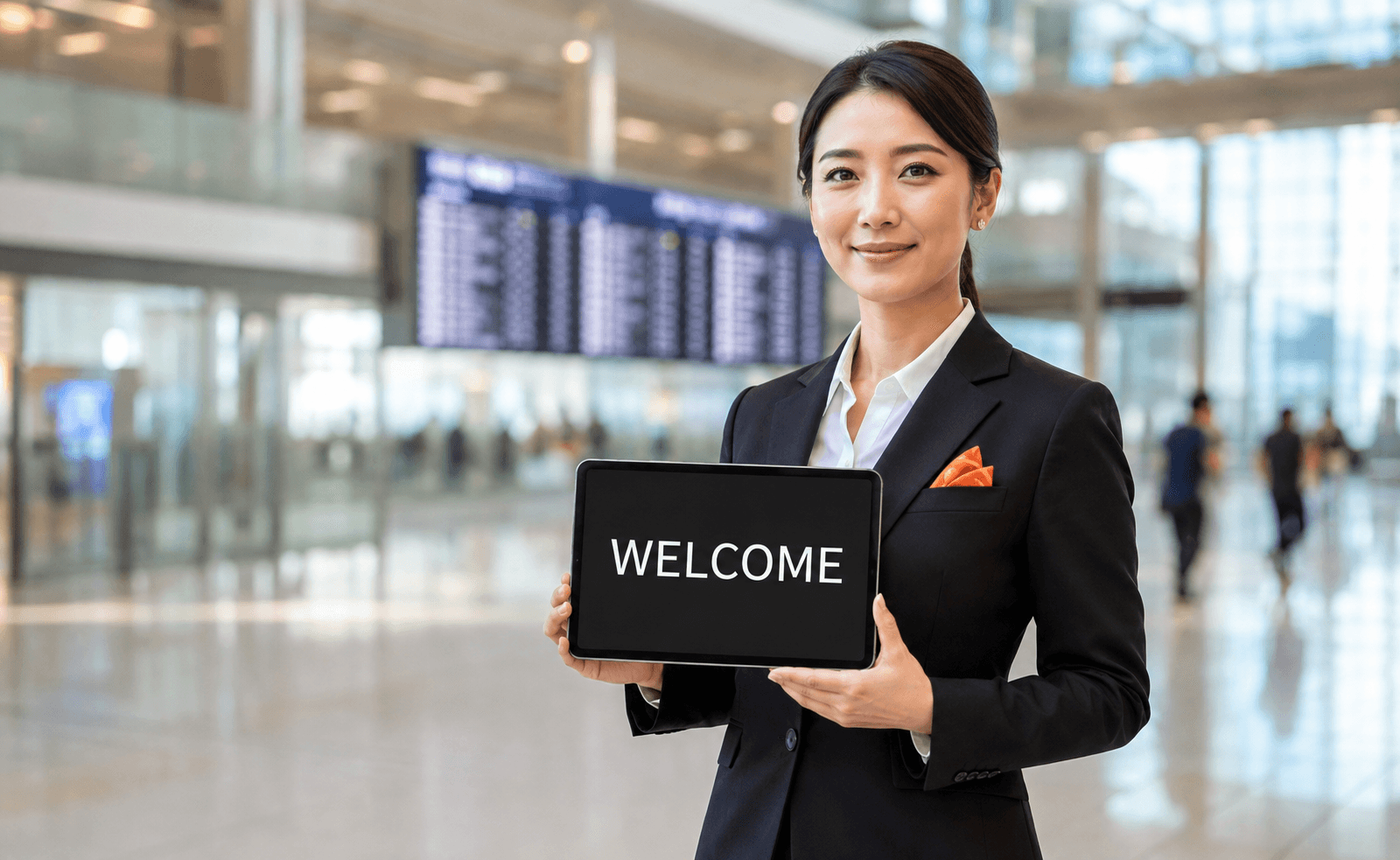 Smiling professional woman holding a tablet with 'WELCOME' text in a busy airport terminal.