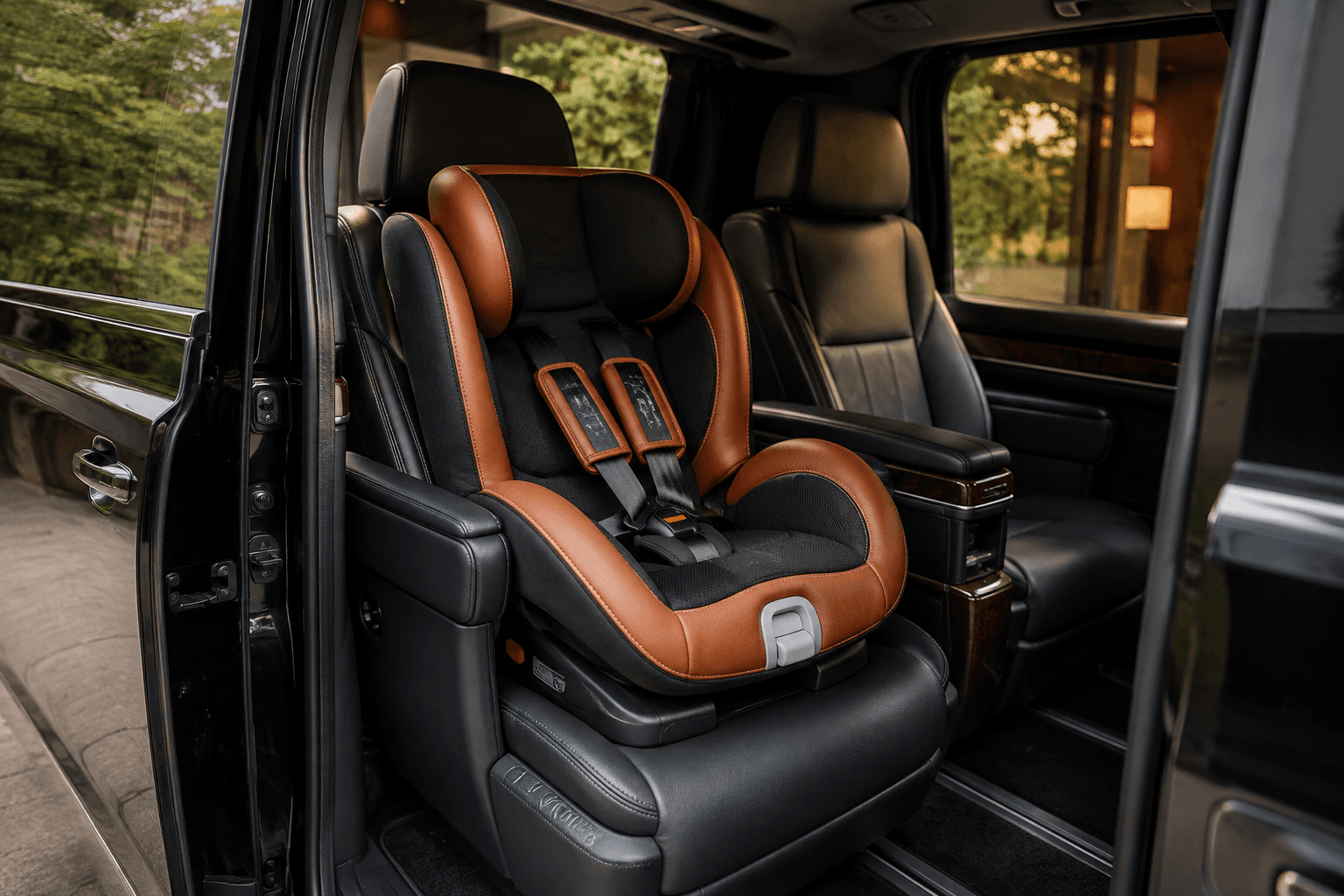 Brown and black leather child car seat installed in a luxury vehicle's black leather interior.