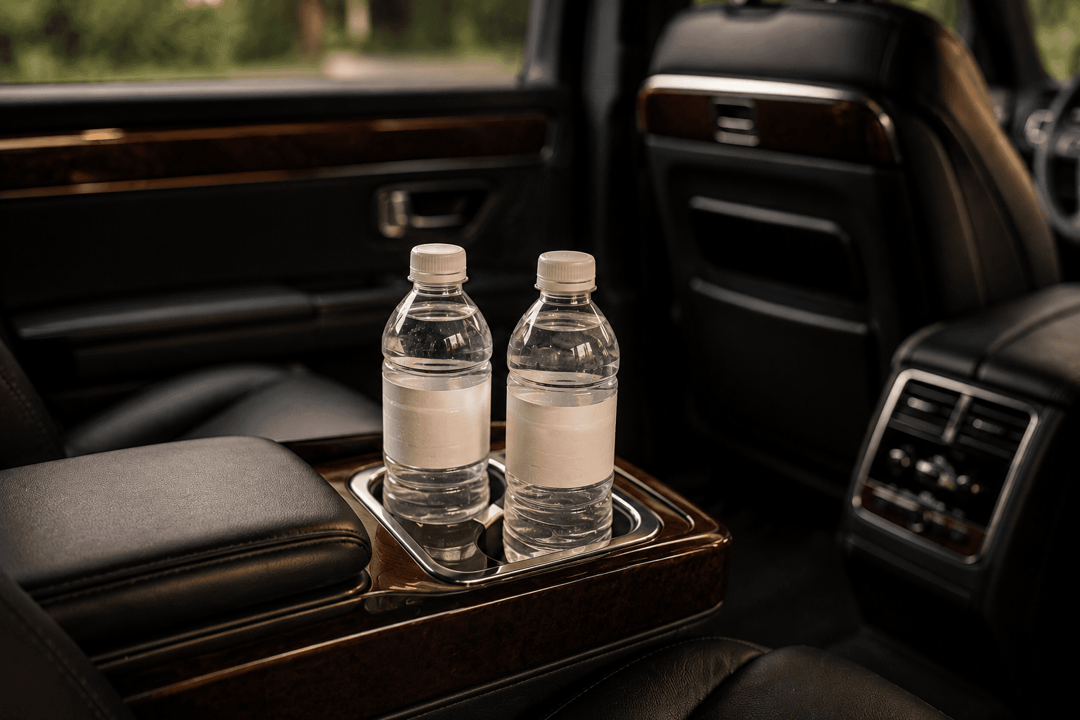 Two water bottles with white labels in the rear wood-trimmed cup holder of a luxury car.