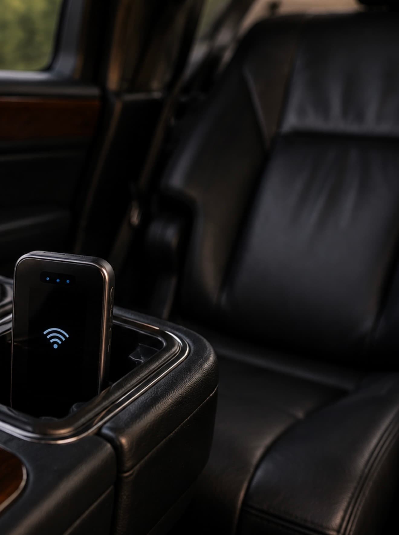 Portable Wi-Fi hotspot device with a glowing signal icon inside a vehicle's leather interior.